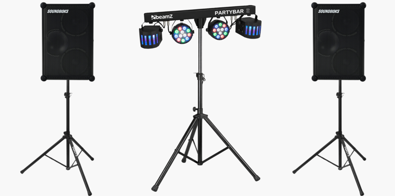 Für 90 € mieten Lautsprecher mit Lichtanlage auf Stativen für Events oder Partys.