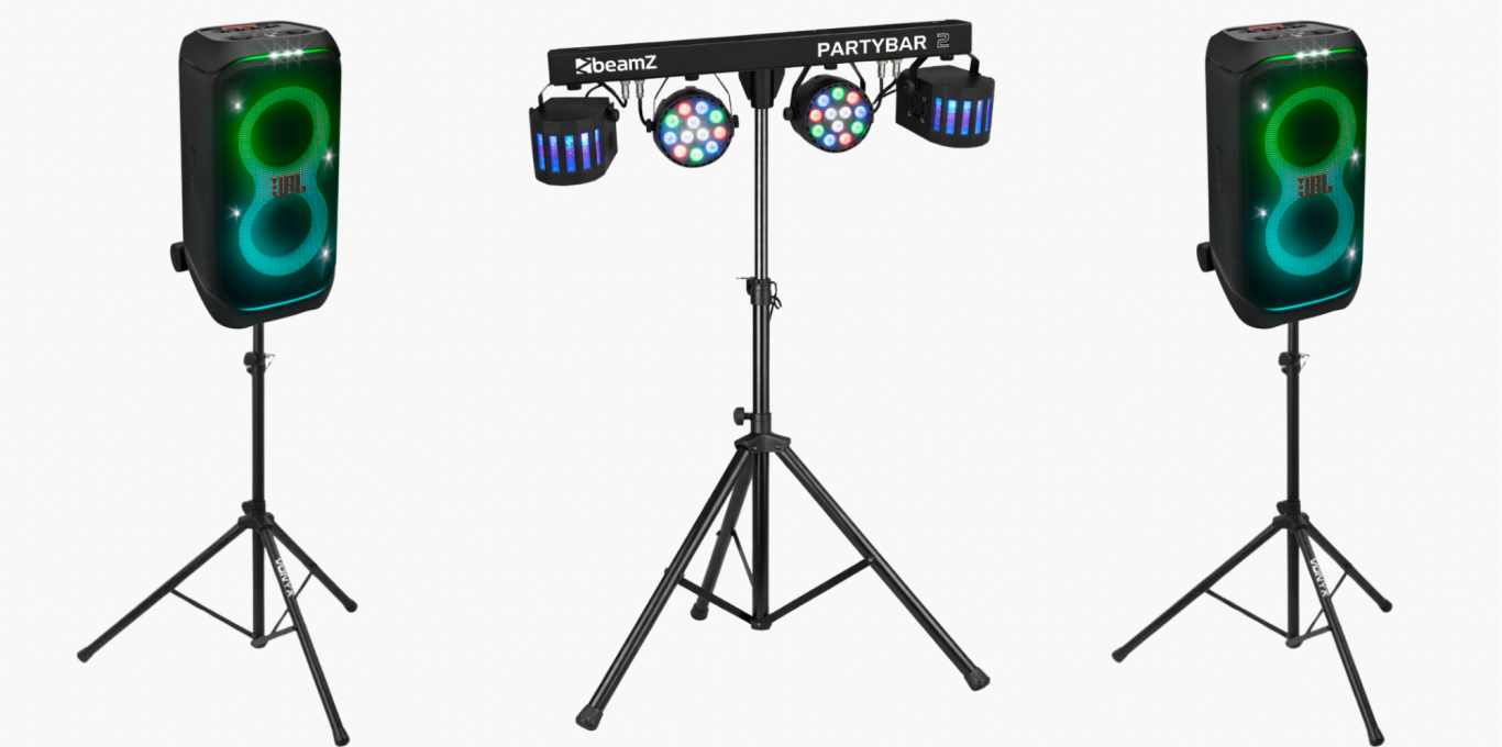 Für 80 € mieten Lautsprecher und Lichteffekte auf Stativen für Veranstaltungen und Partys.